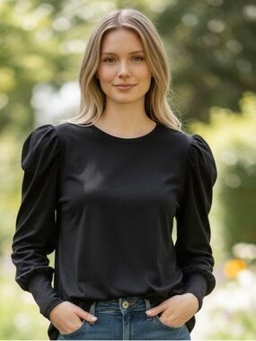 Elegant Black Puff-Sleeve Long Sleeve Tee